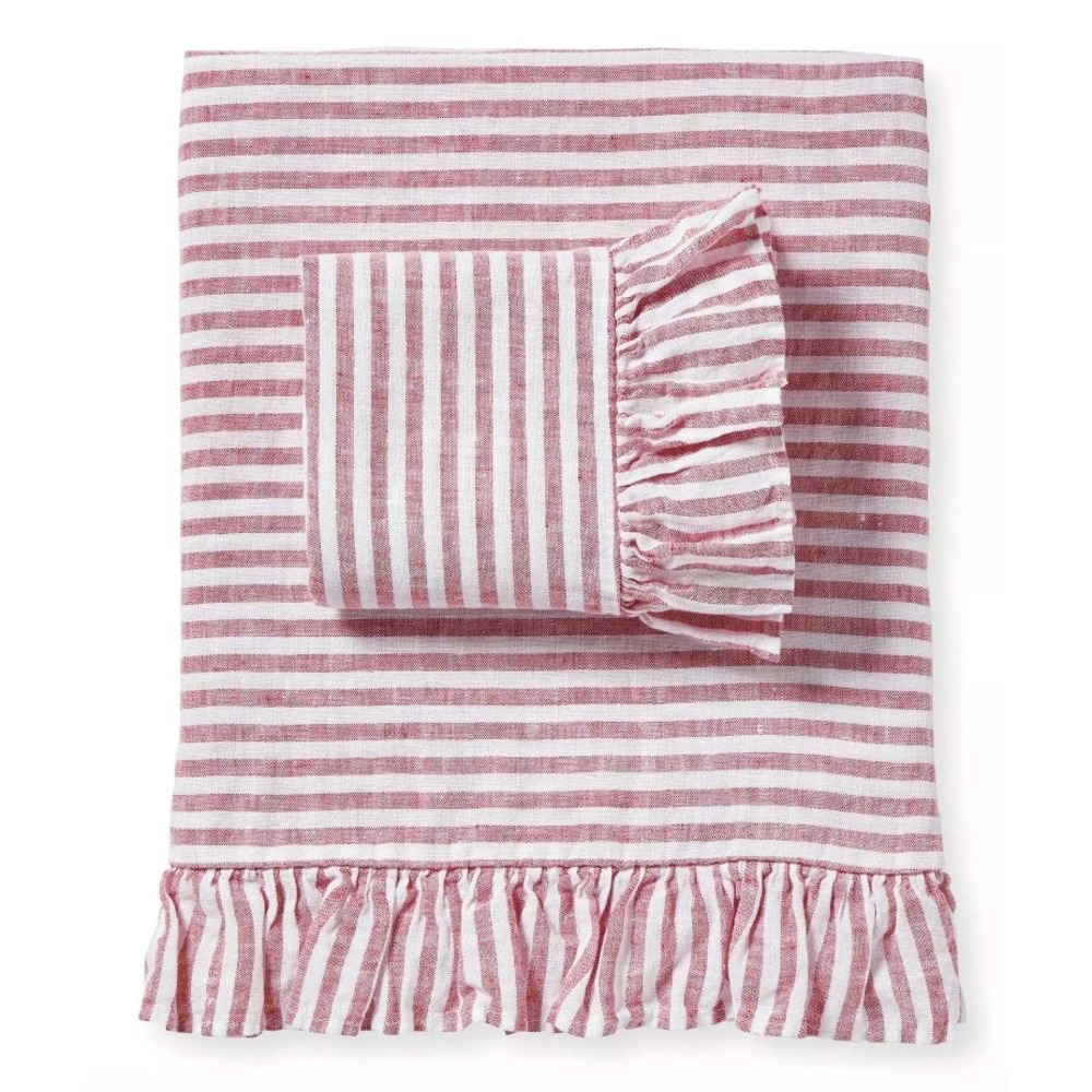 Serena & Lily Nantucket Stripe Linen King Sheet Set Red White Preppy Coastal
